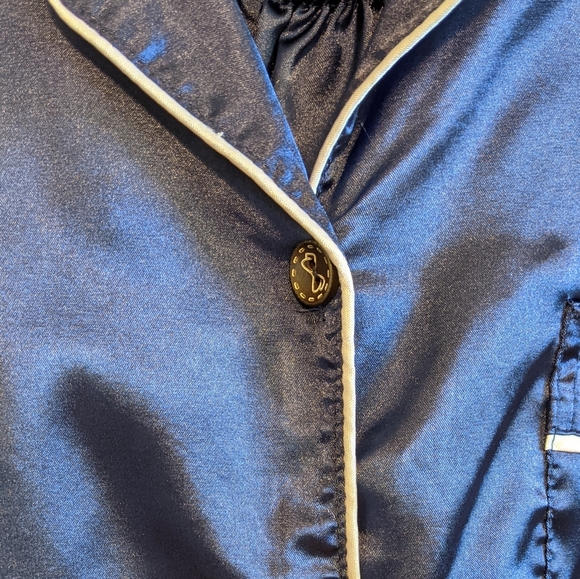 Vtg Navy Blue Satin PJ Set White Piping Pocket - Picture 3 of 10